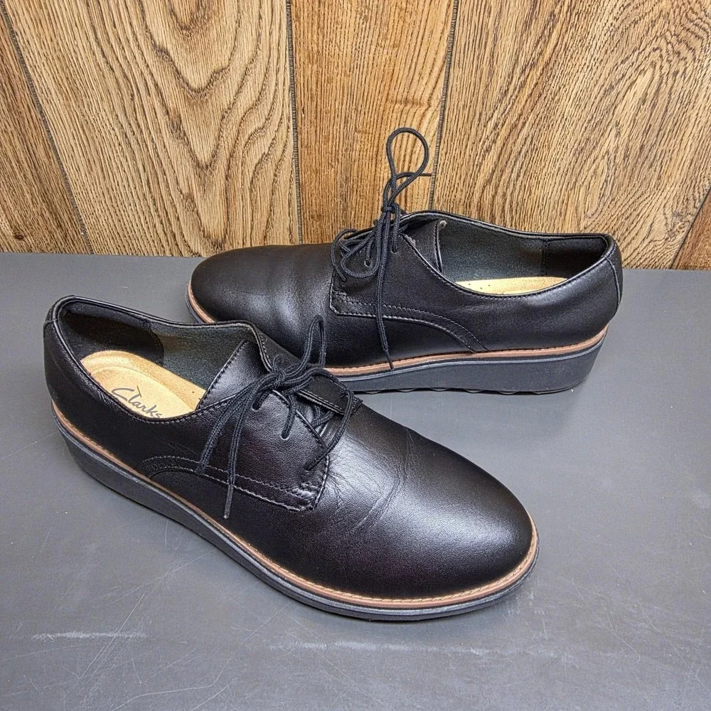 Clarks Shoes Womens 10 Black Leather Lace Up Oxford Comfort Walking Platform